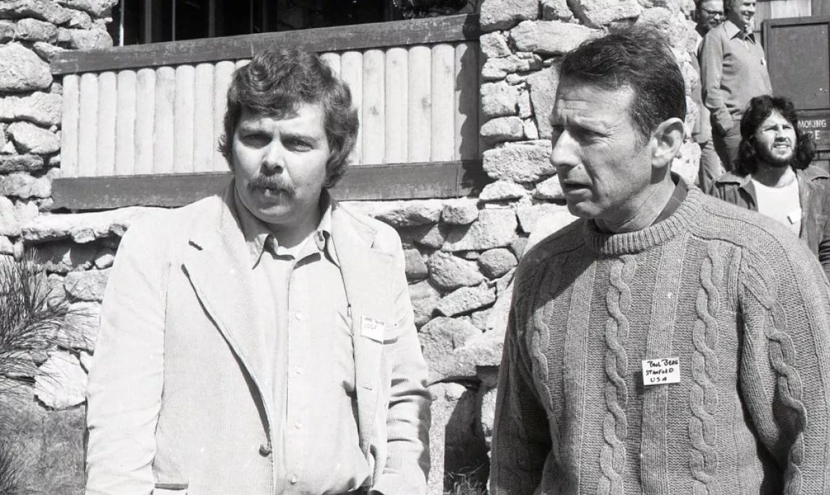 Biochemists Herbert Boyer (UCSF) and Paul Berg (Stanford) at a conference at Asilomar, February 26, 1975.