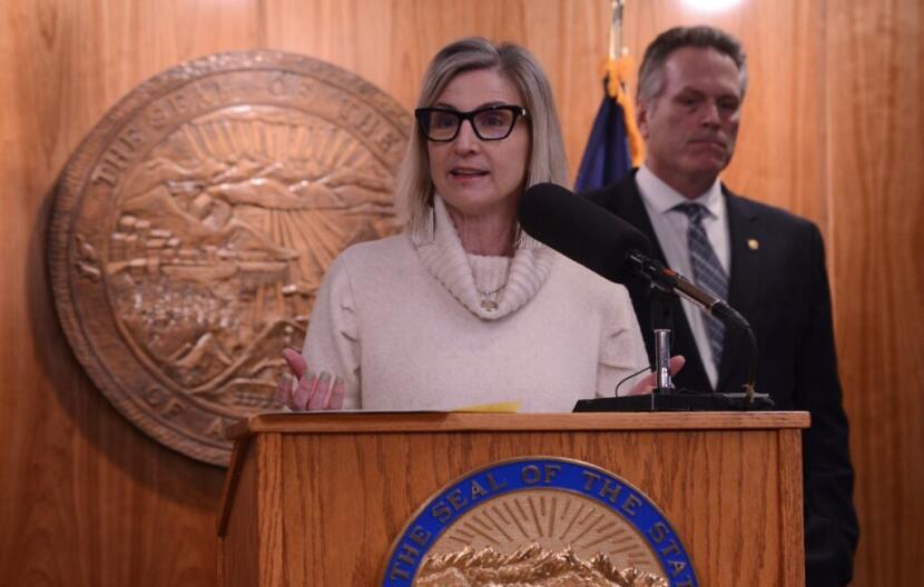 Deena Bishop, commissioner of the Alaska Department of Education and Early Development, speaks at a news conference Friday, March 15, 2024, with Gov. Mike Dunleavy.