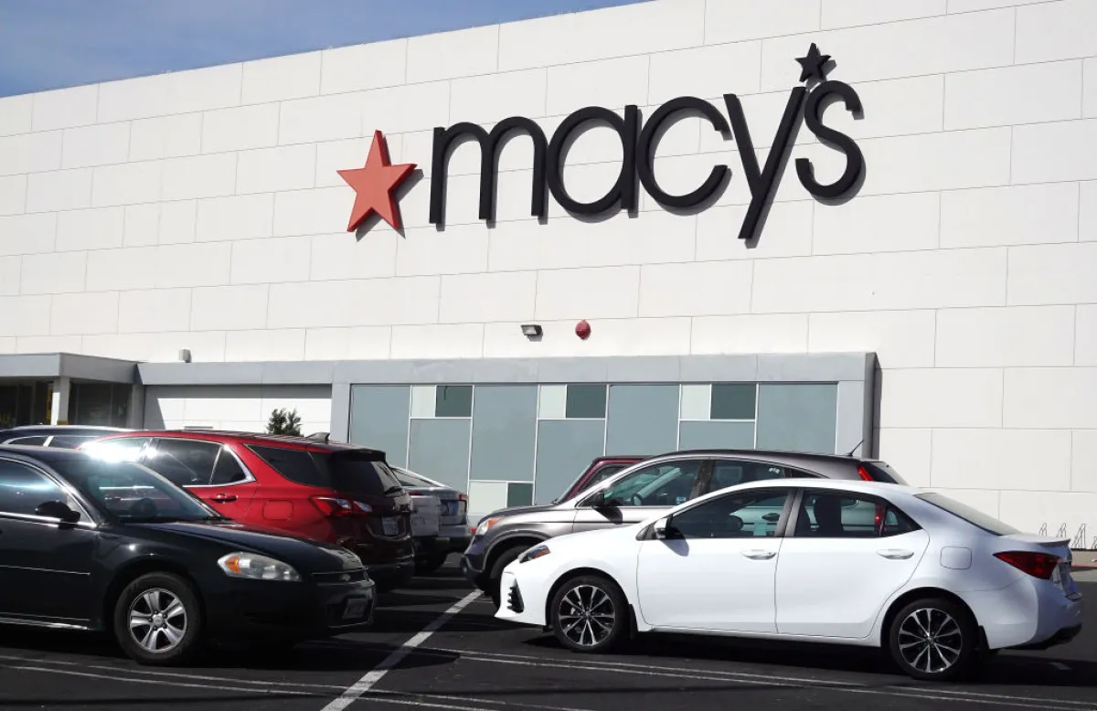 Cars sit parked in front of a Macy's store at Bay Fair Mall on Feb. 27, 2024 in San Leandro, California.