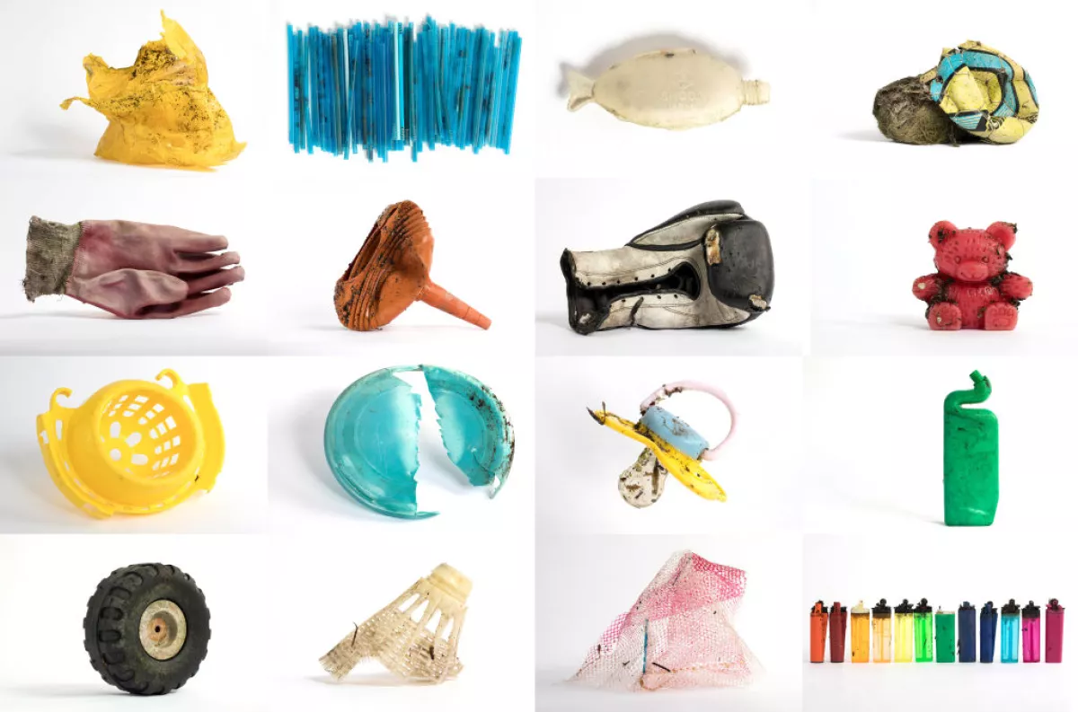 Examples of plastic trash found on the shore of the Thames Estuary in 2018 in Rainham, Kent. Once in the environment, plastic gradually degrades into smaller and smaller microplastics, which can find their way into the food chain and the air we breathe.