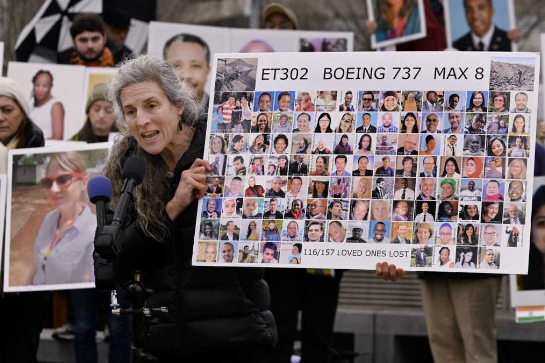 Nadia Milleron, whose daughter Samya Stuno died in the Boeing 737 MAX crash in Ethiopia on March 10, 2019, speaks during a memorial protest in front of Boeing offices in Arlington, Virginia, on March 10, 2023 to mark the four-year anniversary of the event. (Photo by OLIVIER DOULIERY / AFP) (Photo by OLIVIER DOULIERY/AFP via Getty Images)