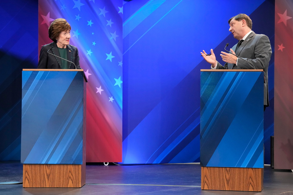 Troy Jackson (D) directs a question to Sen. Susan Collins (R) during the final Maine U.S. Senate debate in Bangor, Maine, Thursday, Oct. 15, 2026. (Gregory A. Rec/Portland Press Herald via AP, Pool)