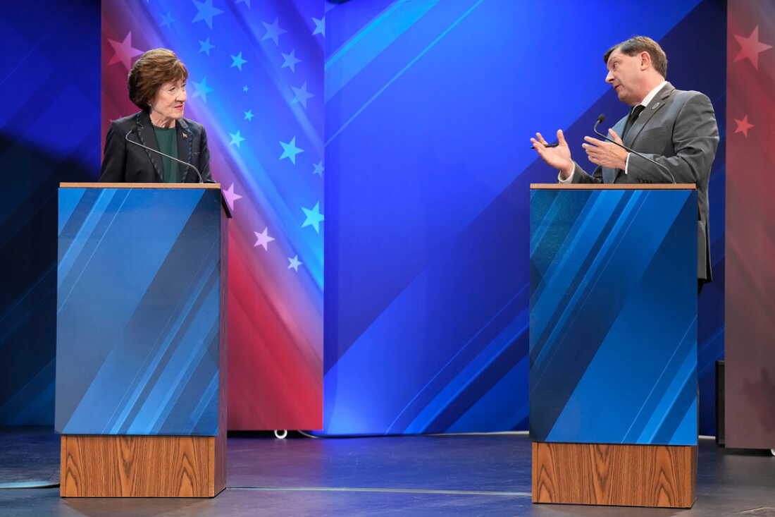 Troy Jackson (D) directs a question to Sen. Susan Collins (R) during the final Maine U.S. Senate debate in Bangor, Maine, Thursday, Oct. 15, 2026. (Gregory A. Rec/Portland Press Herald via AP, Pool)