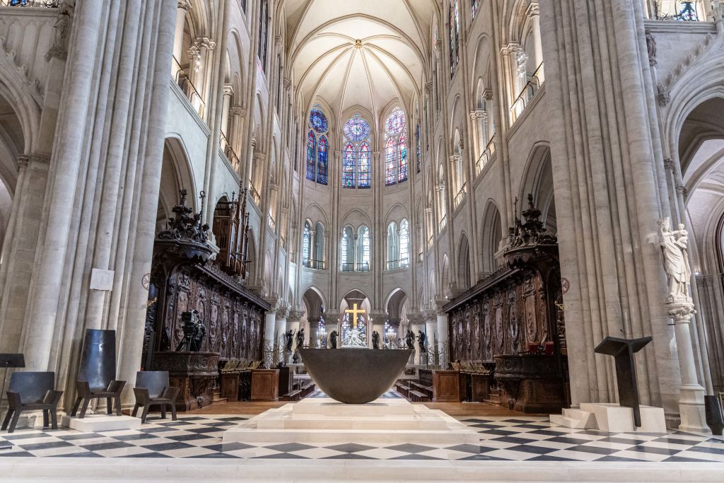 This photograph shows a new altar (front) designed by French artist and designer Guillaume Bardet, at the Notre-Dame de Paris cathedral, in Paris on Nov. 29, 2024.