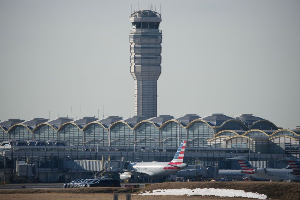 The control tower at the Reagan National Airport after the crash of an American Airlines plane on the Potomac River on approach to the airport on Jan. 30, 2025 in Arlington, Virginia.