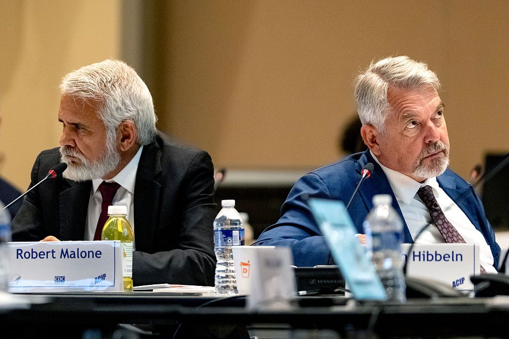 New committee members Dr. Robert Malone, left, and Dr. Joseph Hibbeln during the first meeting of the CDC