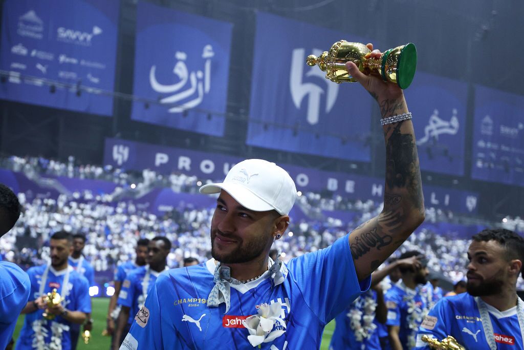 Neymar celebrates during the Saudi Pro League Trophy presentation at Kingdom Arena back in May of 2024.