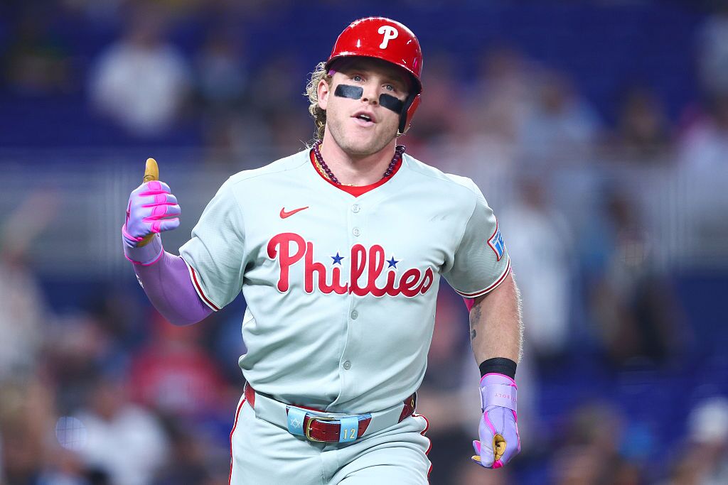 Harrison Bader #2 of the Philadelphia Phillies reacts after hitting a home run against the Miami Marlins during the fourth inning of the game at loanDepot park on Sept. 05, 2025 in Miami, Florida.
