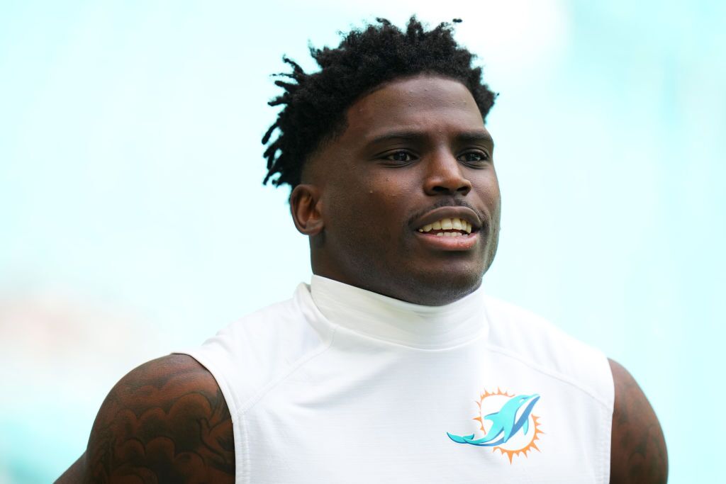 Tyreek Hill warms up prior to a Miami Dolphins game against the Las Vegas Raiders at Hard Rock Stadium on Nov. 17 in Miami Gardens, Fla.