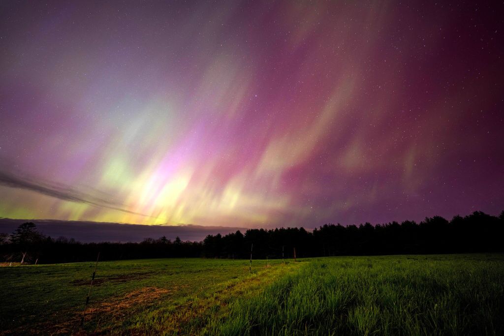 The aurora borealis, commonly called the northern lights, illuminate the sky over a horse pasture in Mercer, Maine on May 10, 2024.