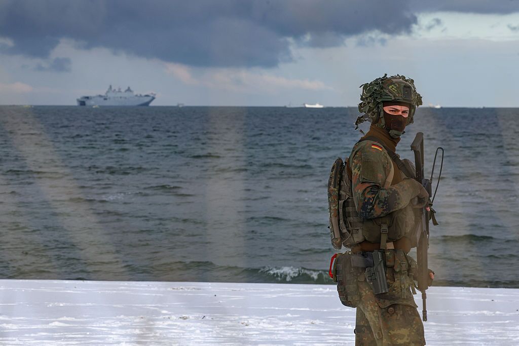 German soldiers participate in the Steadfast Dart 2026 NATO military exercise at the Putlos training grounds on Feb. 8 near Oldenburg in Holstein, Germany.