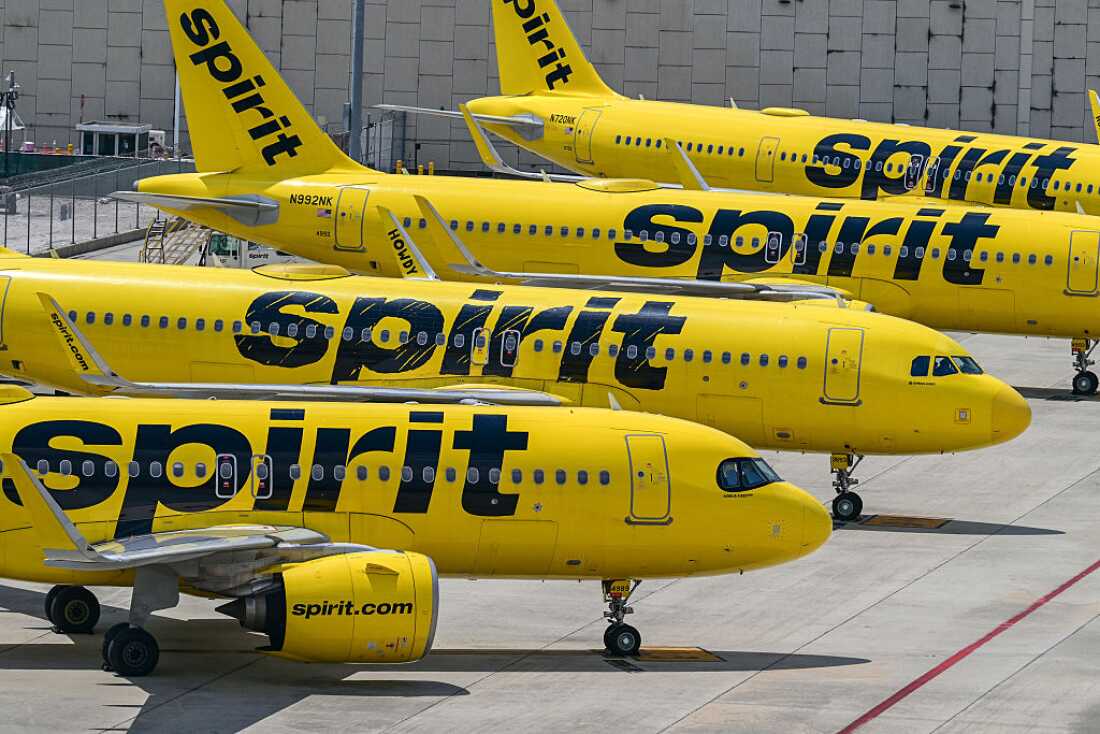 Spirit Airlines jets on the tarmac at Fort Lauderdale-Hollywood International Airport in Florida on May 2, 2026.