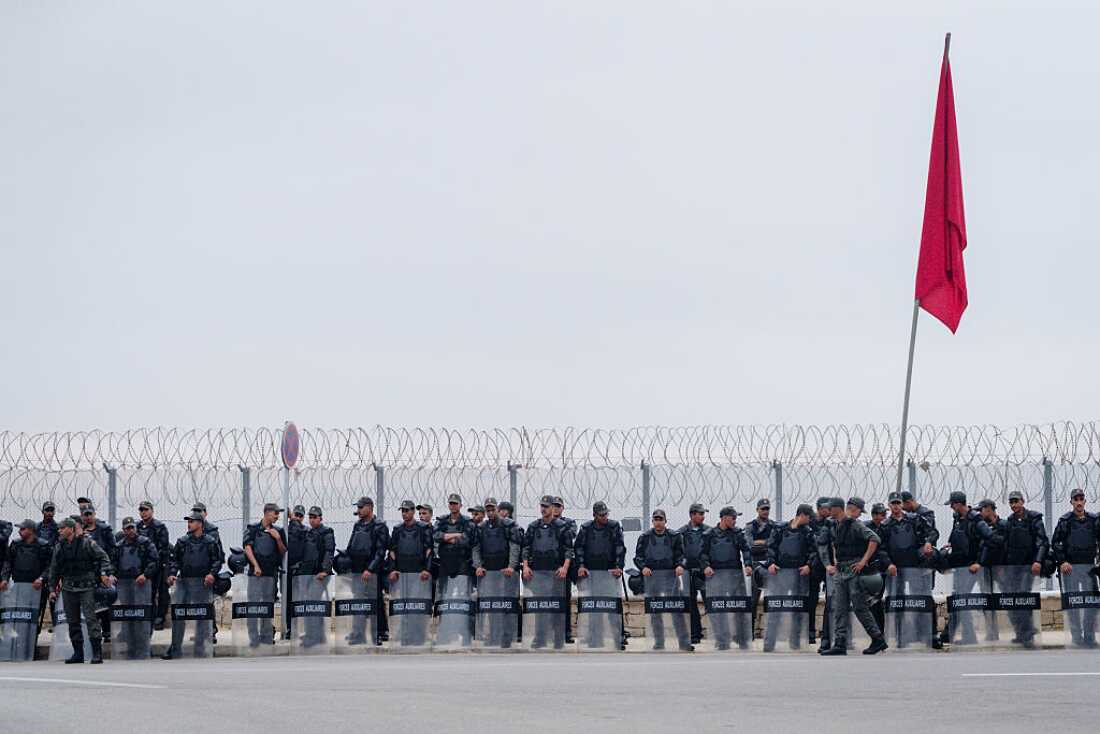 A heavy police and army deployment prepare at the border between Morocco and Spain on August 15, 2026 in Fnideq (Castillejos), Morocco.