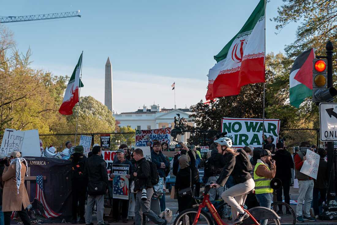Protesters in opposition to the war with Iran gather outside of Lafayette Park across from the White House in Washington, D.C., on Tuesday.