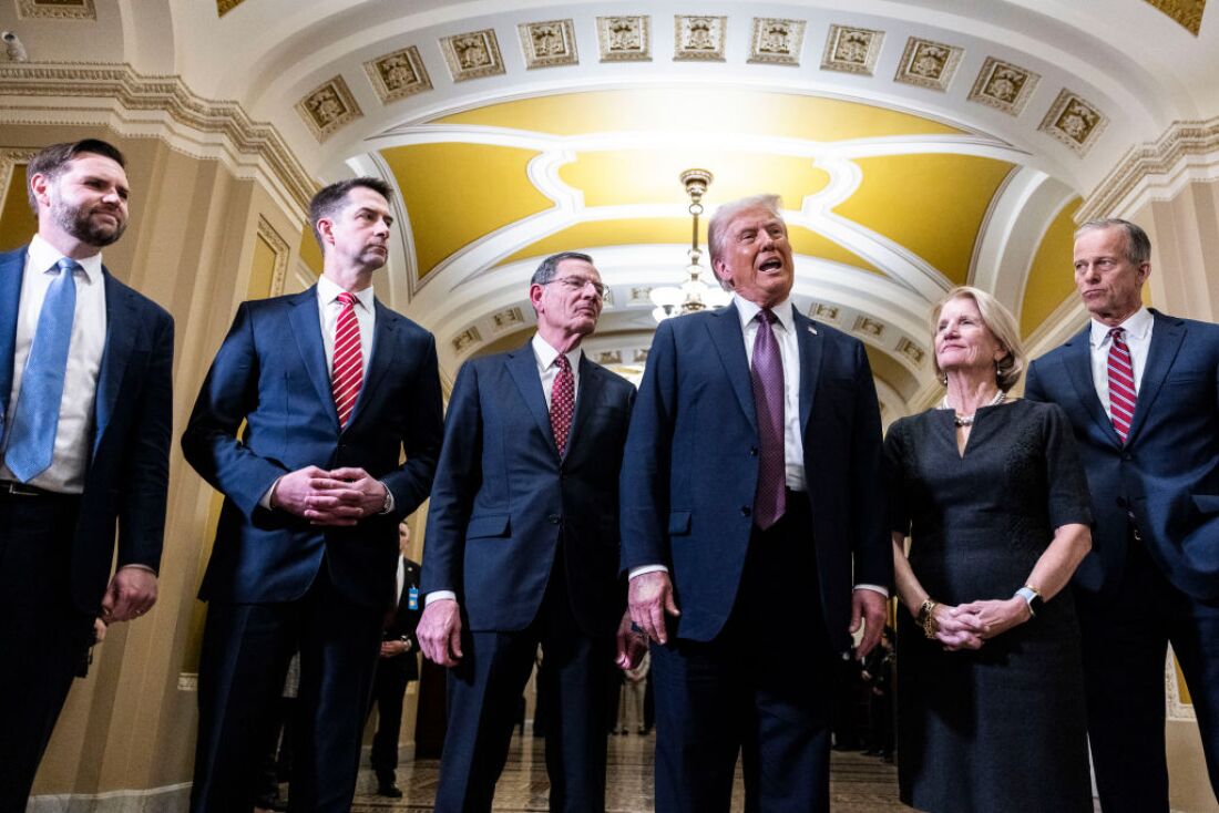 From left: U.S. Vice President JD Vance, Senator Tom Cotton, a Republican from Arkansas, Senator John Barrasso, a Republican from Wyoming, President Donald Trump, Senator Shelley Moore Capito, a Republican from West Virginia, and Senate Majority Leader John Thune, a Republican from South Dakota, speak to the media on Jan. 8, 2025.