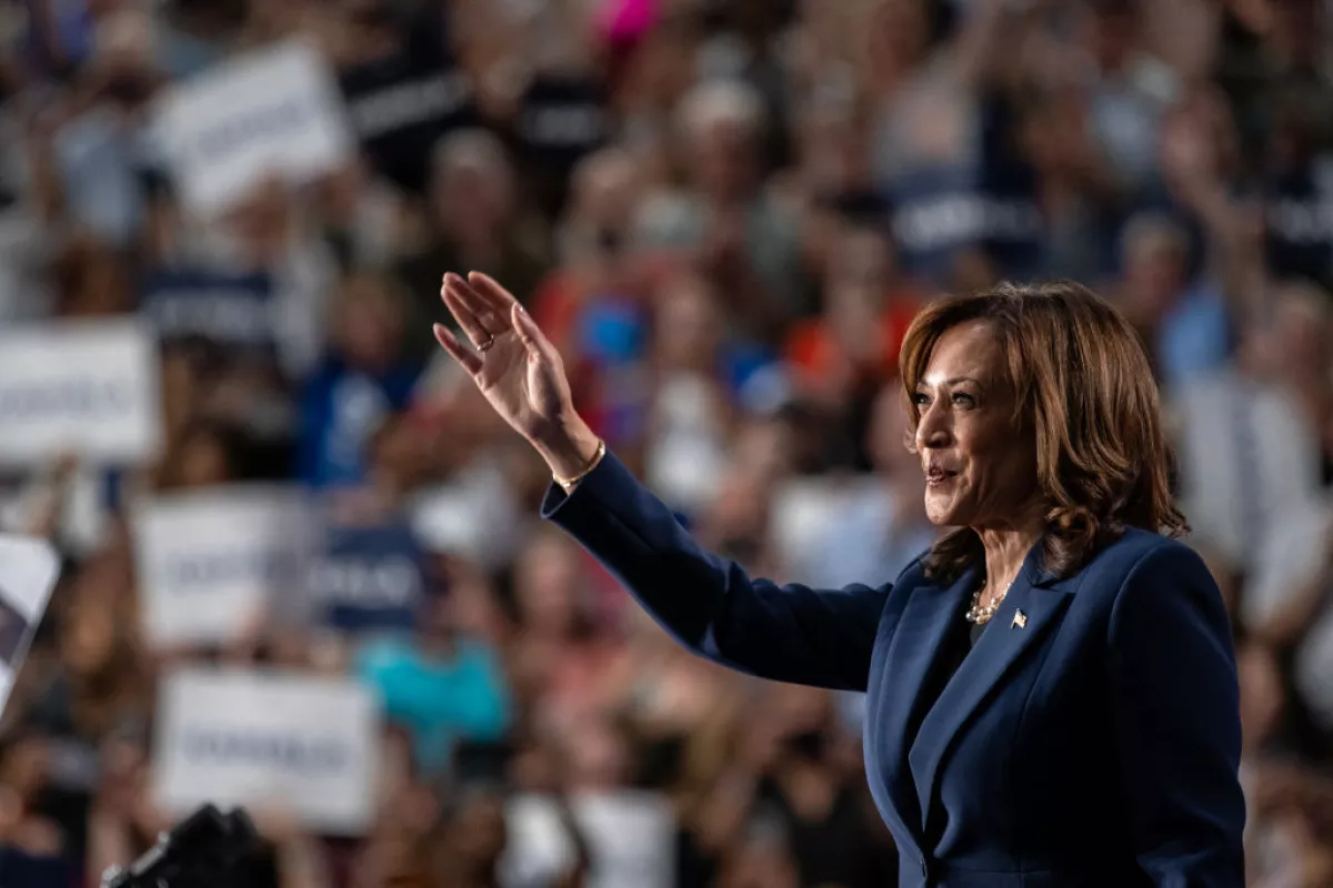 Vice President Harris speaks to supporters during a campaign rally at West Allis Central High School on Tuesday in West Allis, Wis.