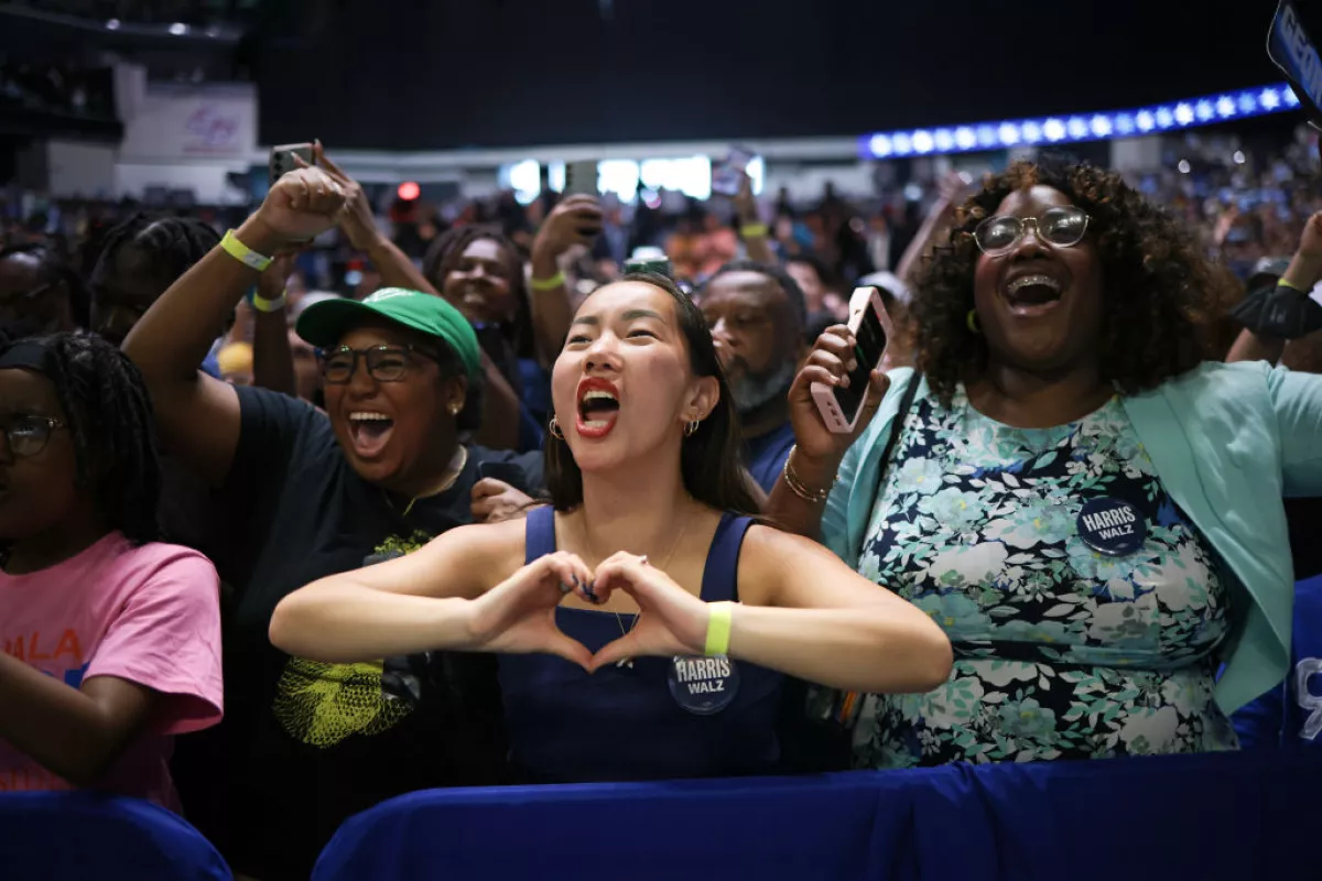 Supporters react to Vice President Harris at a campaign rally in Savannah, Ga., on Aug. 29.