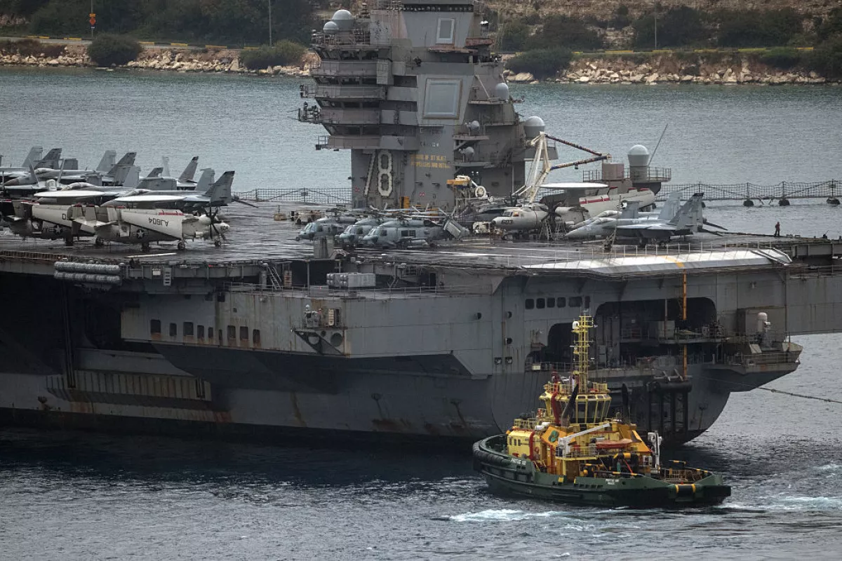 The United Stated Navy aircraft carrier USS Gerald R. Ford arrives in Souda Bay on March 23, 2026 in Souda, Greece.
