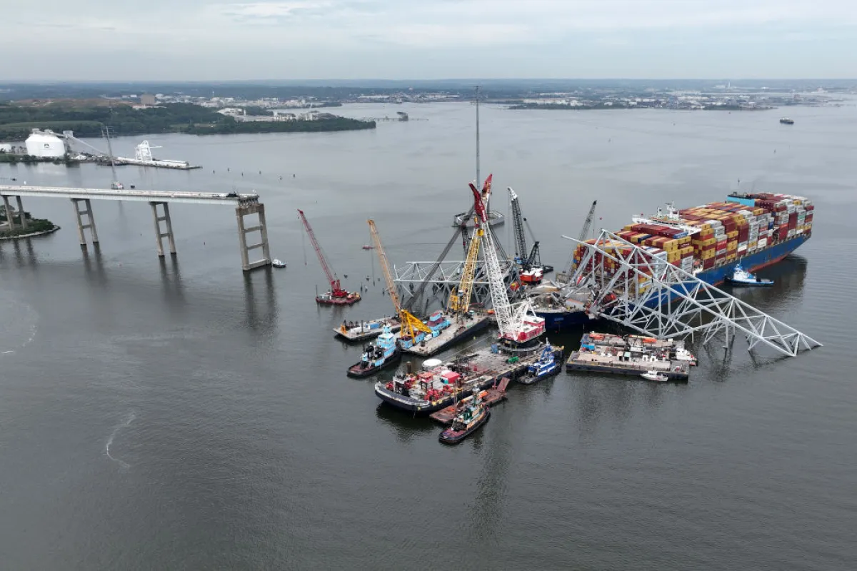 Salvage crews remove wreckage from the Dali on May 8, six weeks after the cargo ship Dali collided with the Francis Scott Key Bridge in Baltimore. Six people died in the March 26 collapse.