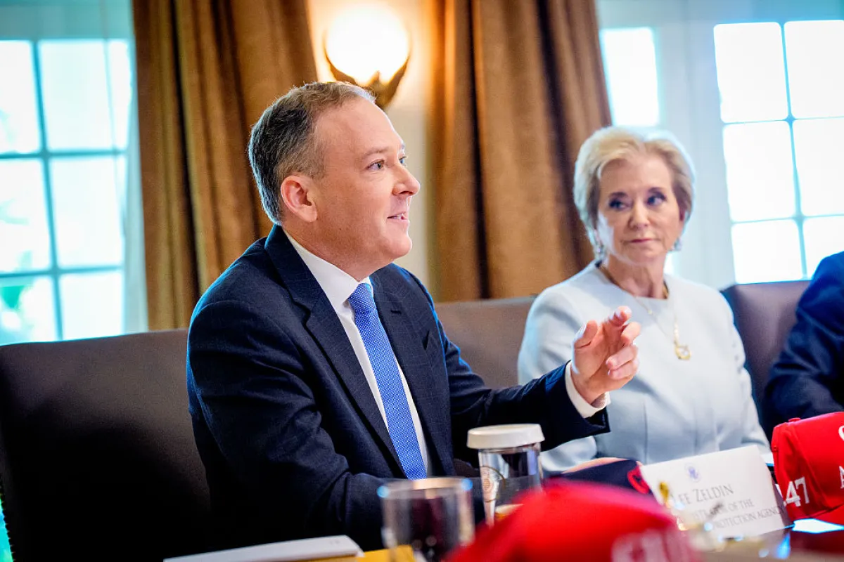 EPA Administrator Lee Zeldin, accompanied by Education Secretary Linda McMahon (R), speaks during a Cabinet meeting at the White House on April 30, 2025 in Washington, DC.