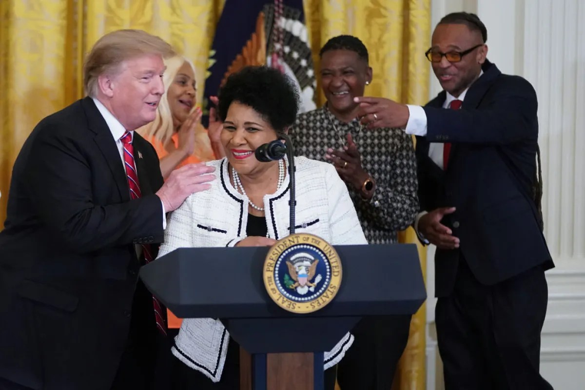 Alice Marie Johnson, who had her sentence commuted by President Donald Trump after she served 21 years in prison for cocaine trafficking, speaks during a celebration of the First Step Act in the East Room of the White House Apr. 1, 2019.