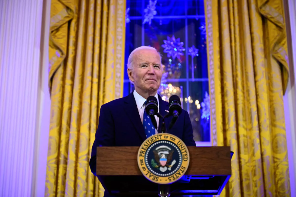 President Biden speaks during a Hanukkah holiday reception in the East Room of the White House on Dec. 16.