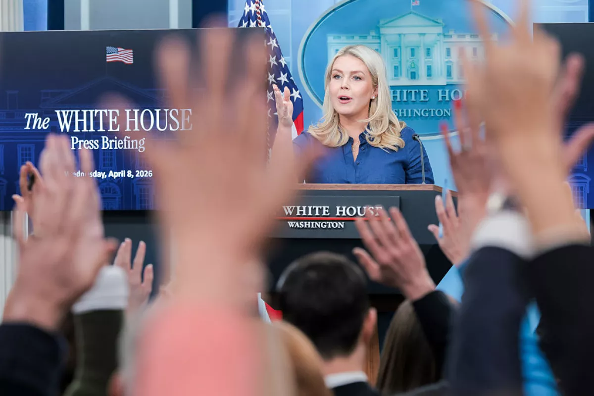White House Press Secretary Karoline Leavitt speaks during a news briefing in the James S. Brady Press Briefing Room of the White House on April 8, 2026 in Washington, DC.