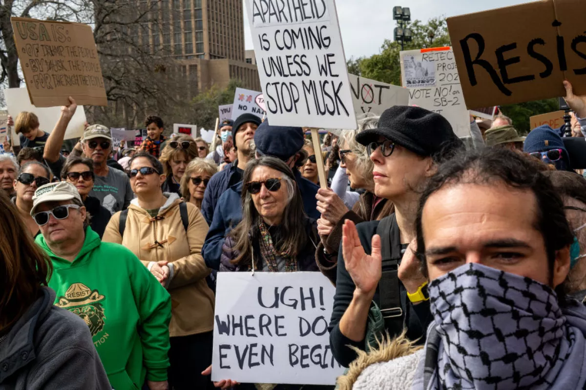 People gather in protest against U.S. President Donald Trump during the 'Not My President's Day' demonstration at the Texas State Capitol on Feb. 17, 2025 in Austin, Texas.