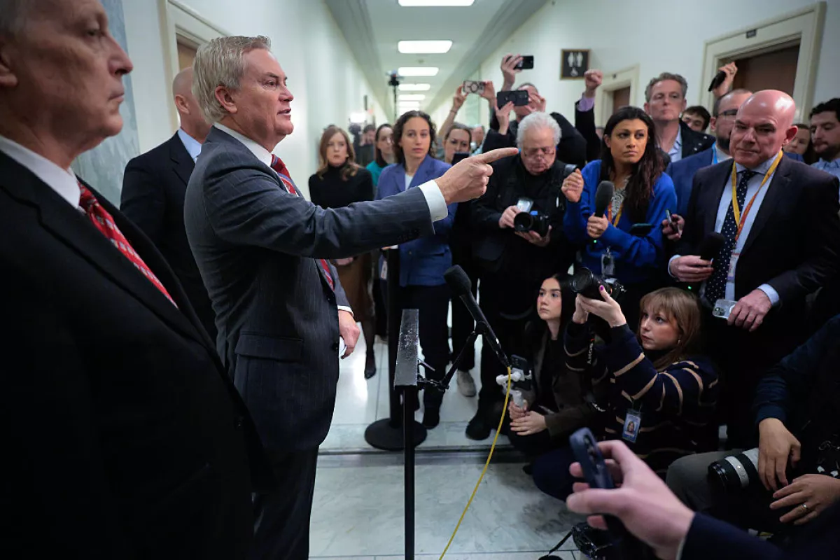 House Oversight Committee Chairman James Comer, R-Ky., and other Republican members of the committee talk to reporters following a closed-door, remote deposition from convicted child sex offender Ghislaine Maxwell on Capitol Hill on Monday.