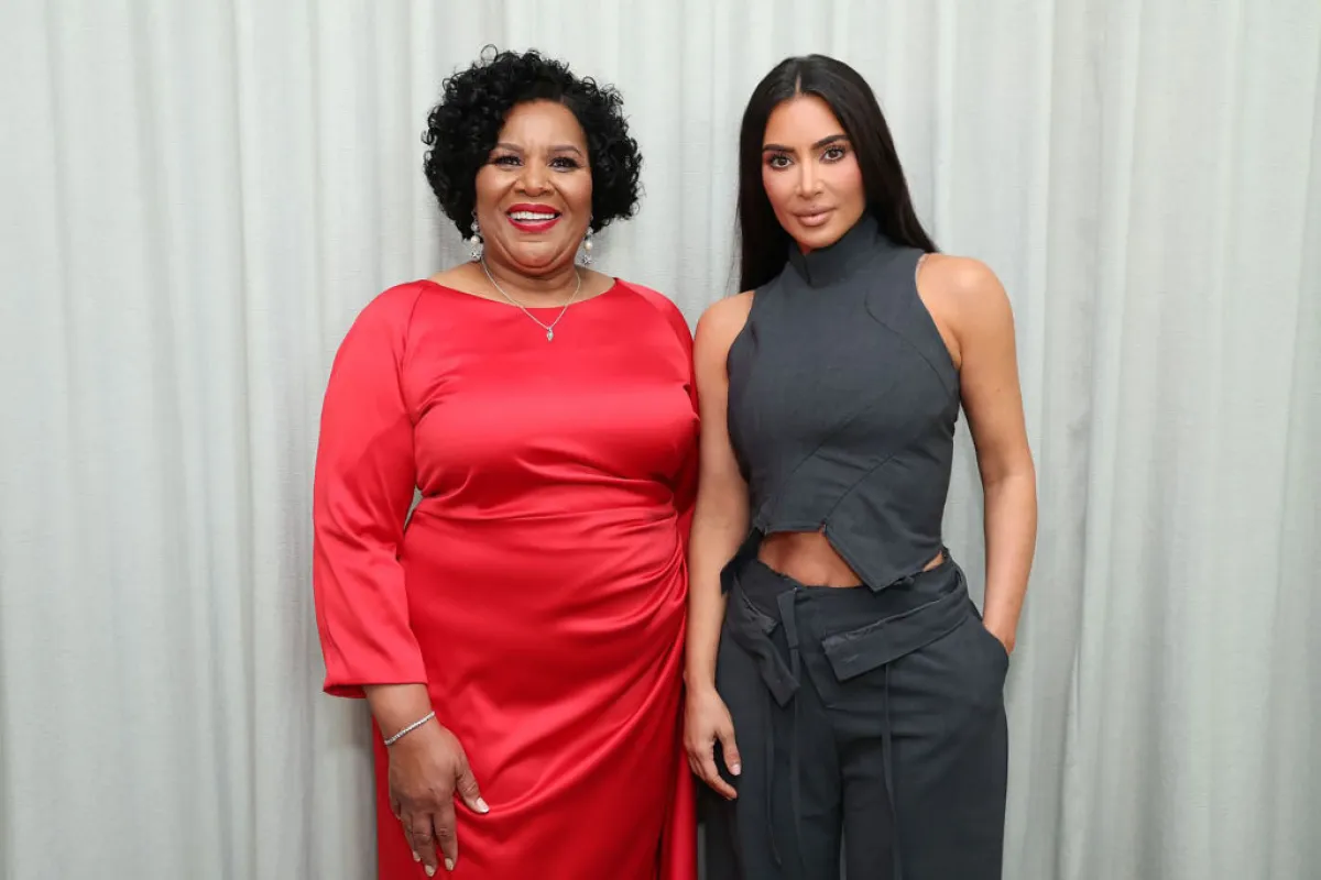Alice Marie Johnson and Kim Kardashian attend an event celebrating Johnson's 5 years of freedom and honoring Kim Kardashian on Jun. 8, 2023 in Los Angeles, Calif.