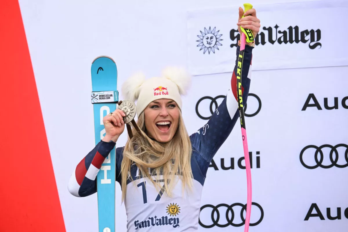 USA's Lindsey Vonn poses with her second-place medal on the podium for the women's Super-G event at the Audi FIS Ski World Cup Sun Valley Finals in Sun Valley, Idaho on March 23.