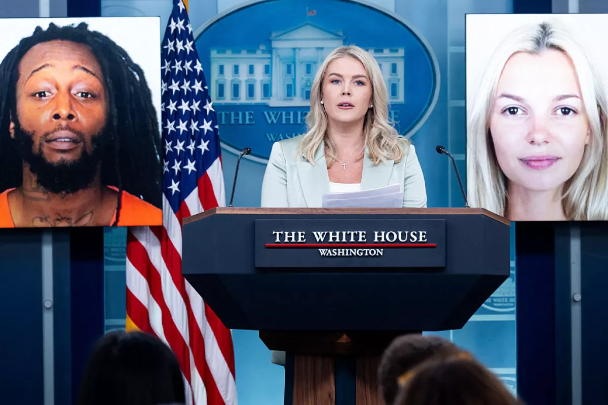 White House Press Secretary Karoline Leavitt speaks alongside a photo of Ukrainian refugee Iryna Zarutska (right), who was allegedly killed by Decarlos Brown Jr. (left), on a light rail train in Charlotte, N.C.
