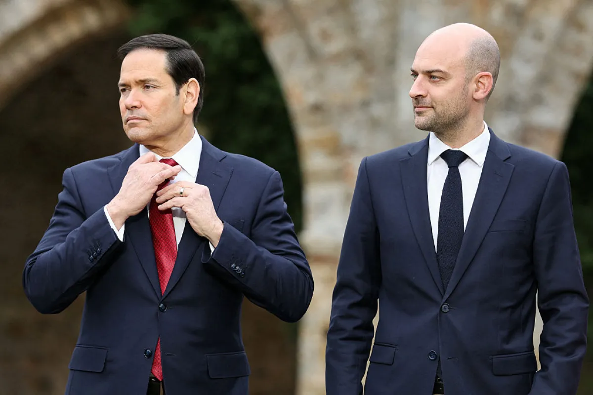 US Secretary of State Marco Rubio (L) and France's Foreign Affairs Minister Jean-Noel Barrot pose for a family photo during a G7 Foreign Ministers' meeting at the Vaux-de-Cernay Abbey in Cernay-la-Ville outside Paris, on March 27, 2026.