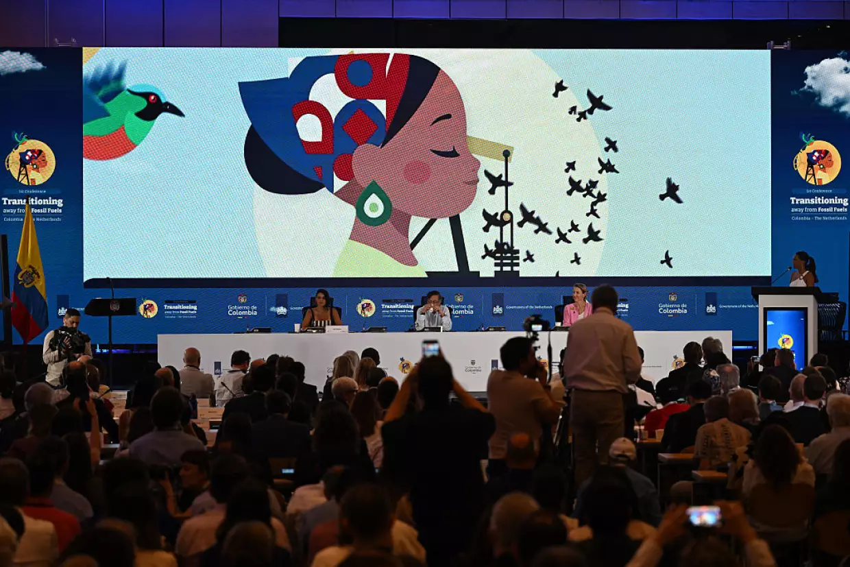 Colombia's President Gustavo Petro, Colombia's Environment Minister Irene Vélez Torres and Dutch Minister of Climate and Green Growth Stientje van Veldhoven attend the Transitioning Away from Fossil Fuels conference in Santa Marta, Colombia, on Tuesday.