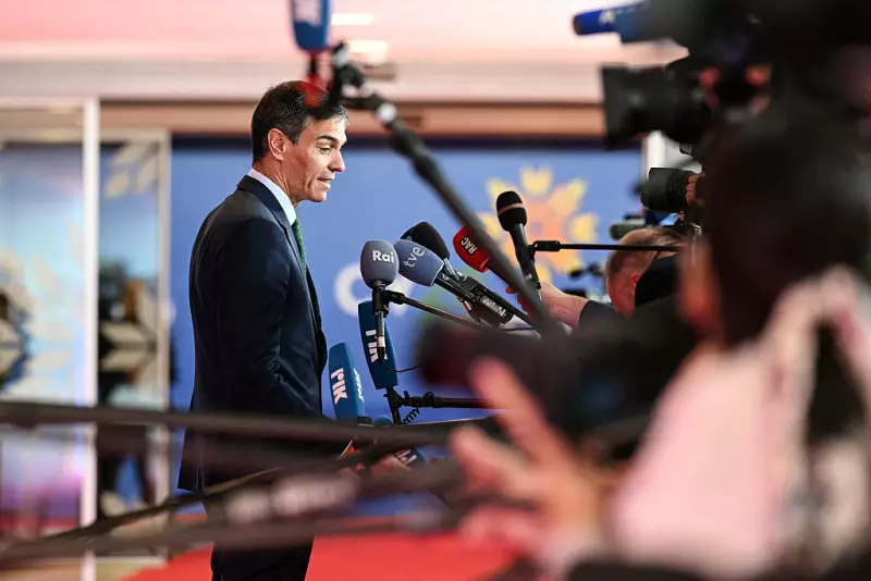 Spain's Prime Minister Pedro Sanchez speaks to journalists as he arrives for an informal meeting of the European Council in Nicosia on April 24, 2026.
