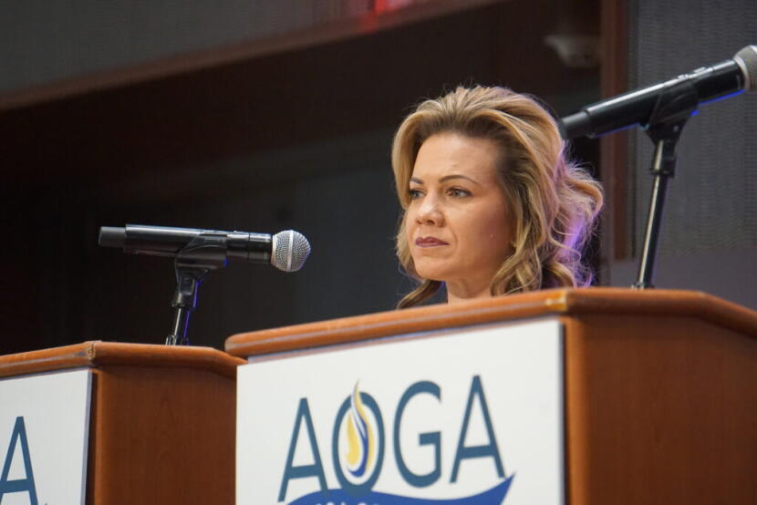 Bernadette Wilson, a Republican candidate for governor, listens to a question at an Aug. 26, 2026, forum held by the Alaska Oil and Gas Association.
