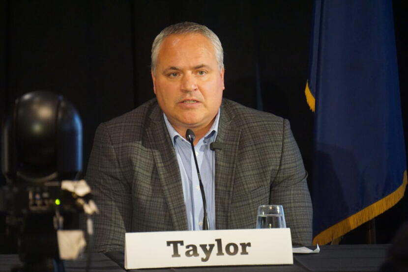 Former Attorney General Treg Taylor speaks at a Sept. 8, 2026, gubernatorial candidate forum held by the Last Frontier Republican Club at the Petroleum Club of Anchorage.