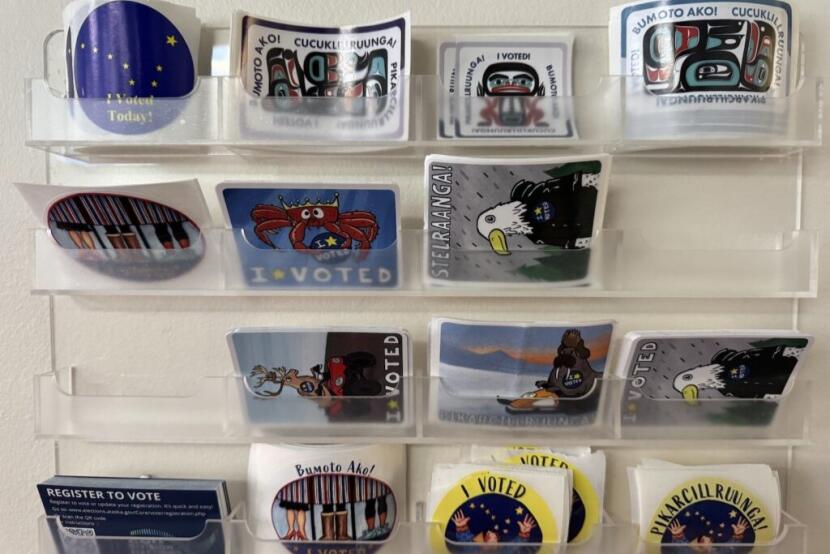 'I voted' stickers are seen on display in the headquarters offices of the Alaska Division of Elections in Juneau on Tuesday, Nov. 12, 2024.