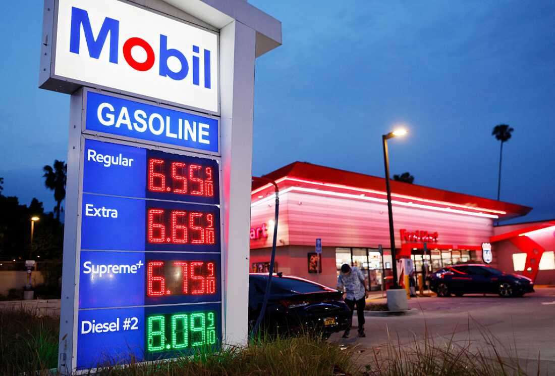 Gas prices are displayed at a Mobil gas station on March 30, 2026 in Pasadena, California. The average price of one gallon of regular self-service gasoline rose to $5.99 today in Los Angeles County, climbing from $4.69 one month ago, amid the ongoing war with Iran.