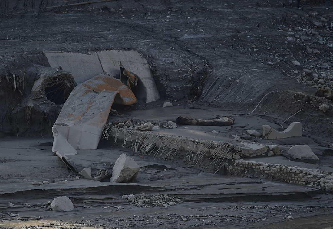 A view of damaged tunnel of the Trishuli Hydropower Plant on the banks of the swollen Trishuli River following landslides on August 30, 2026, in Trishuli, Nepal.
