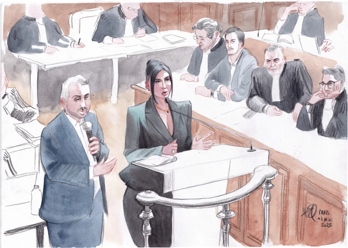 In this artist sketch, Kim Kardashian testifies Tuesday regarding a robbery of millions of dollars in jewels from her Paris hotel room in 2016, in Paris.