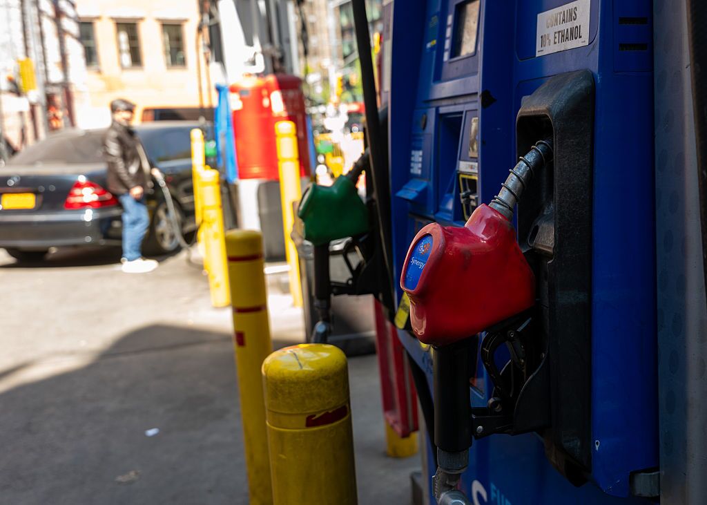 A gas pump stands at a station in Manhattan on April 21 in New York City. Most Americans say that high gas prices are straining their household budget, according to a new NPR/PBS News/Marist poll.