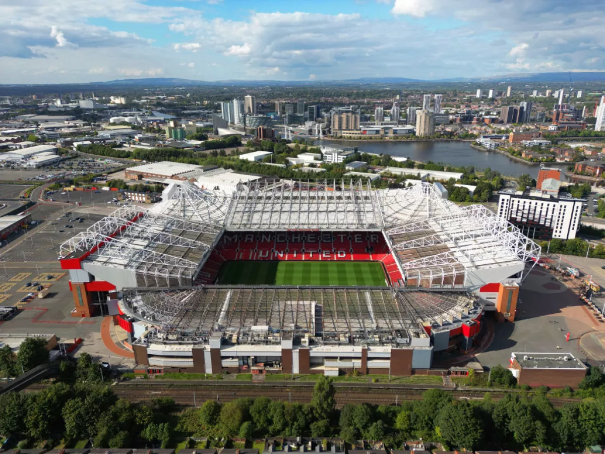 An aerial view of Old Trafford stadium, home of Manchester United Football Club, on Aug. 31, 2022 in Manchester, England.