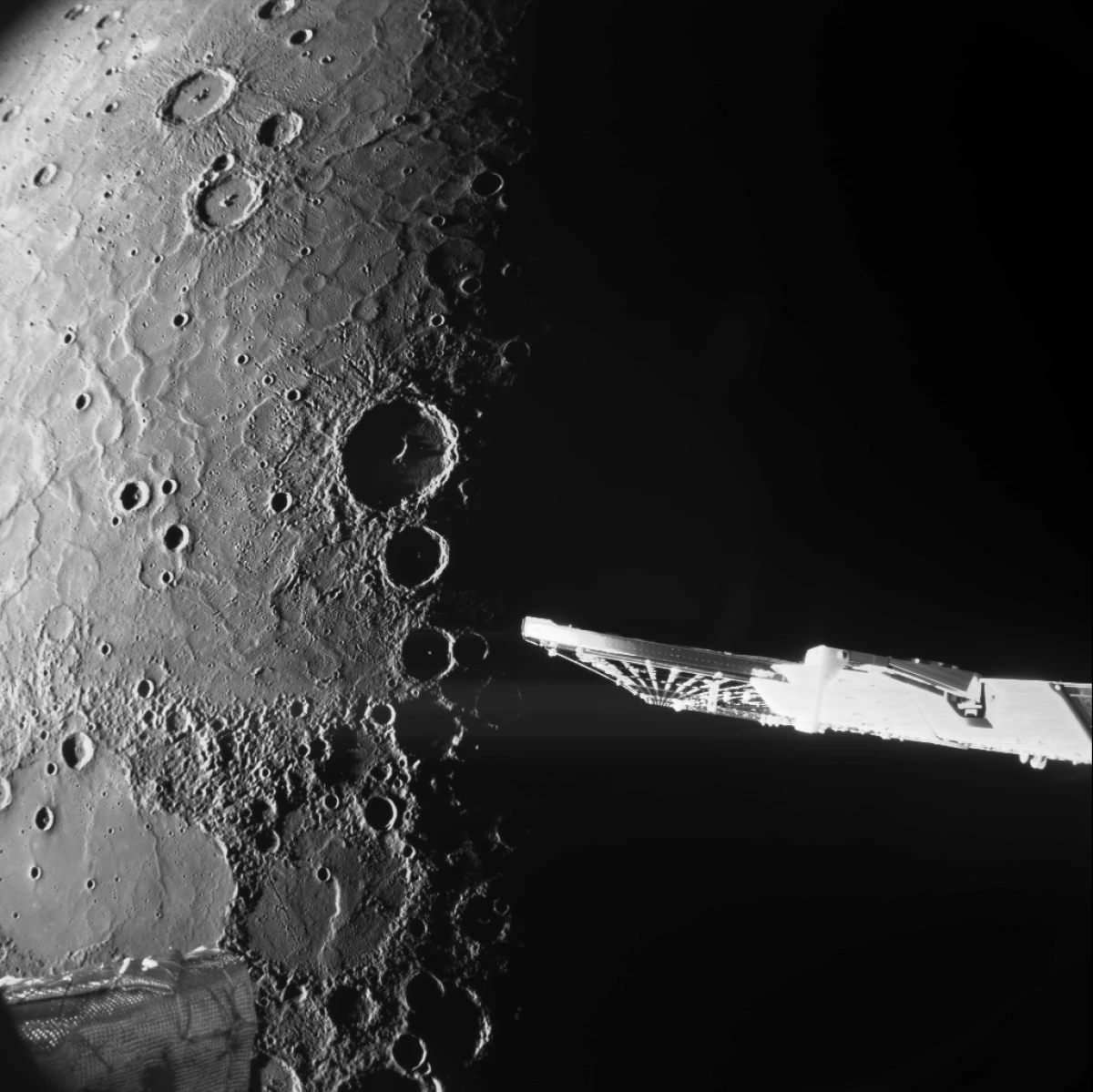 A close-up photo of Mercury's north pole taken by the spacecraft BepiColombo.