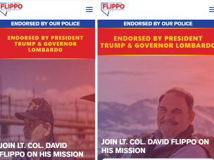 In these screenshots from David Flippo's campaign website, the left shows a photo of his veteran hat featuring two