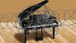 An illustration of a grand piano behind barbed wire