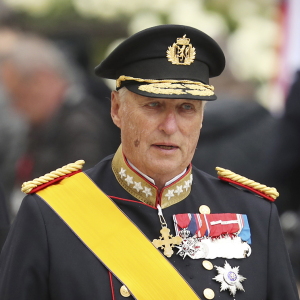 King Harald V of Norway and his wife Sonja leave the Notre Dame cathedral after attending at the funeral of the Grand Duke Jean of Luxembourg, in Luxembourg, on May 4, 2019.