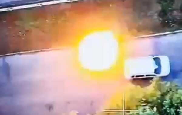 Danil Tatarinov says video distributed by Russian soldiers on the Telegram messaging app shows a drone attack on his civilian car, shown in this image. Tatarinov escaped without injury, but his car was damaged by shrapnel. The message included with the Russian video: "We'll get him next time."