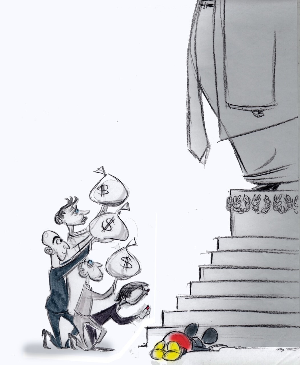 Ann Telnaes says the rough version of the cartoon she drew for <em>The Washington Post</em> , shown above, was rejected by the paper's editorial page editor. (Ann Telnaes)