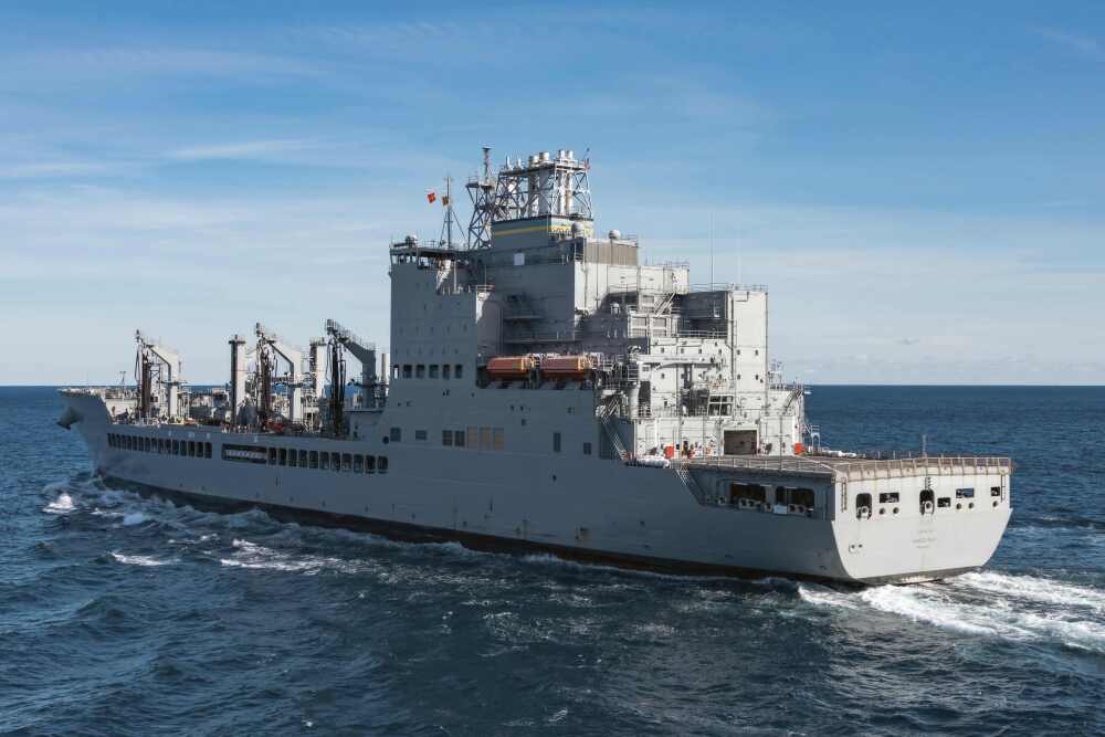In this image provided by the U.S. Navy, the John Lewis-class replenishment oiler USNS Harvey Milk (T-AO-206) conducts a replenishment at sea in the Atlantic Ocean, Dec. 13, 2024. (AP)